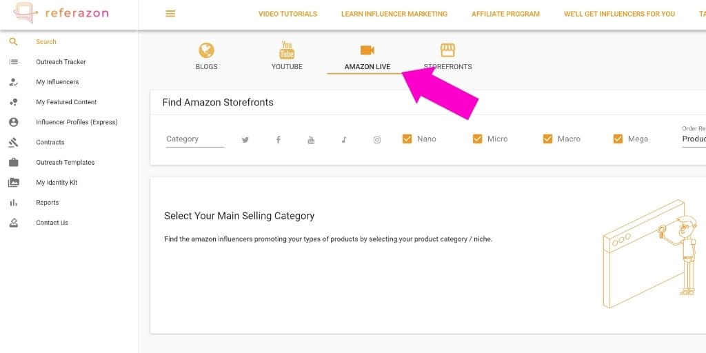 Step 1 - How To Find Amazon Live Influencers with Referazon - How To Find Amazon Live Influencers - Referazon - Amazon Influencer Marketing Software