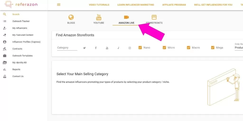 Step 1 - How To Find Amazon Live Influencers with Referazon - How To Find Amazon Live Influencers - Referazon - Amazon Influencer Marketing Software