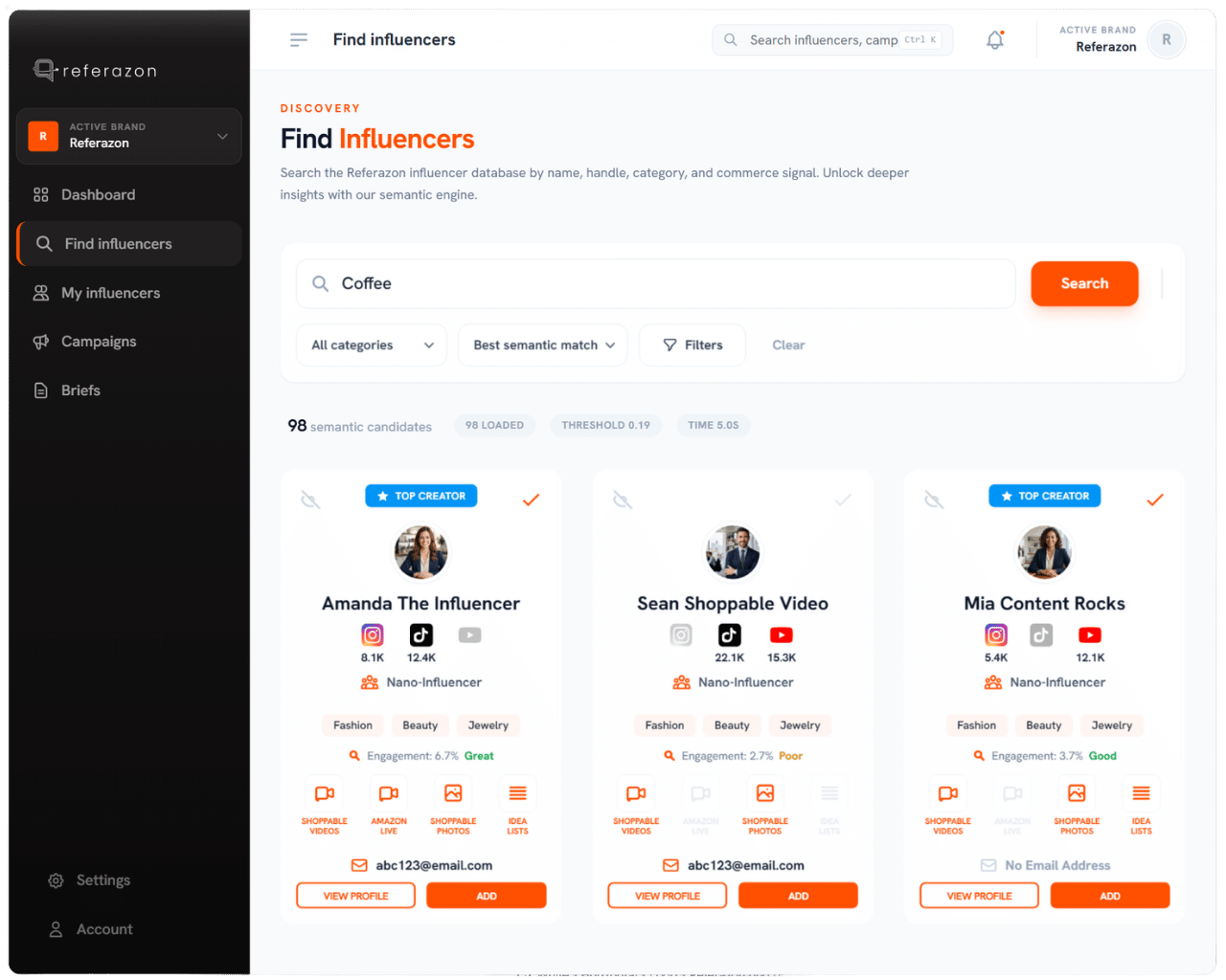 Referazon - Influencer Search Page - Amazon Influencer Search and CRM
