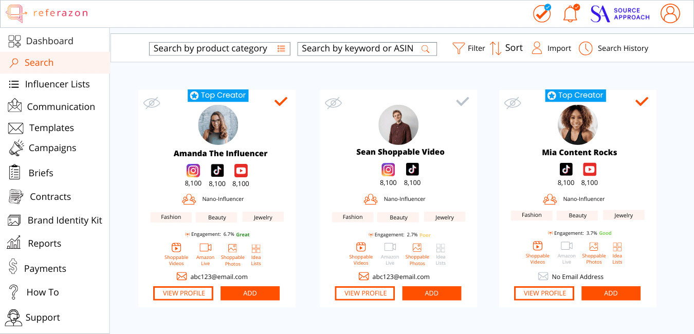 Search Page - Amazon Influencer Search and CRM - Referazon