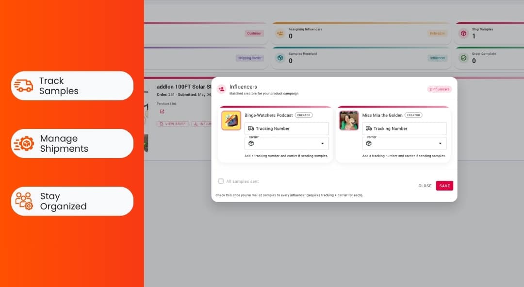 Manage Sample Shipments - Referazon Shoppable Features