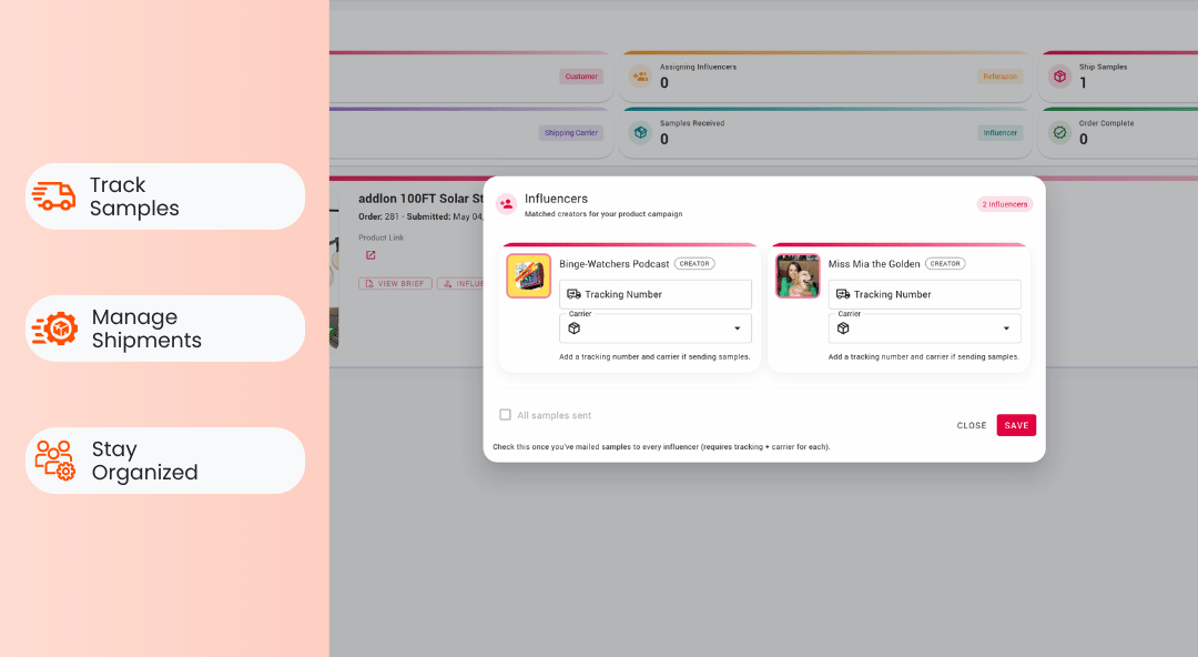 Manage Shipments - Referazon Shoppable Features